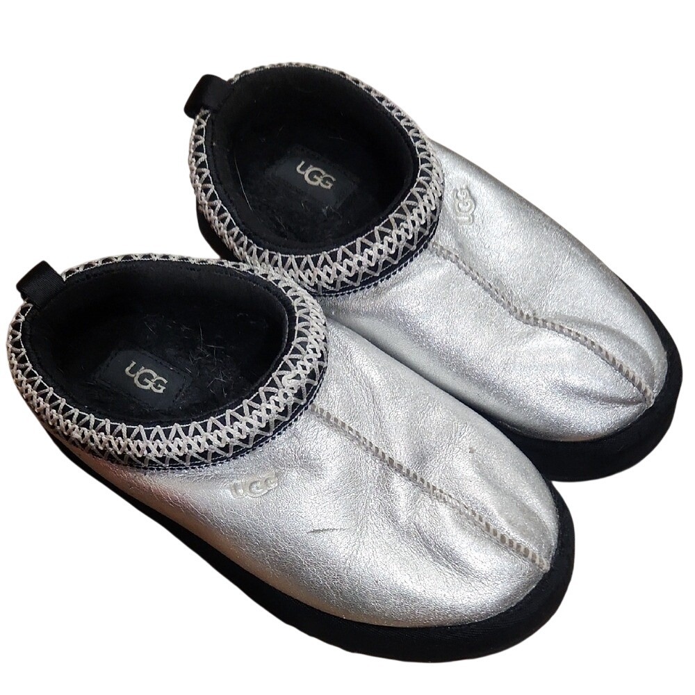 UGG Tazz Tasman Leather Silver Black Metallic Slipper Slide Shearling Shoe 2